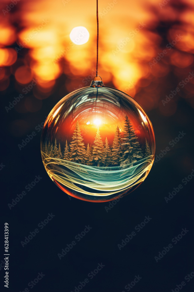 Christmas bauble reflecting winter landscape with tree. Elegant unique Christmas card