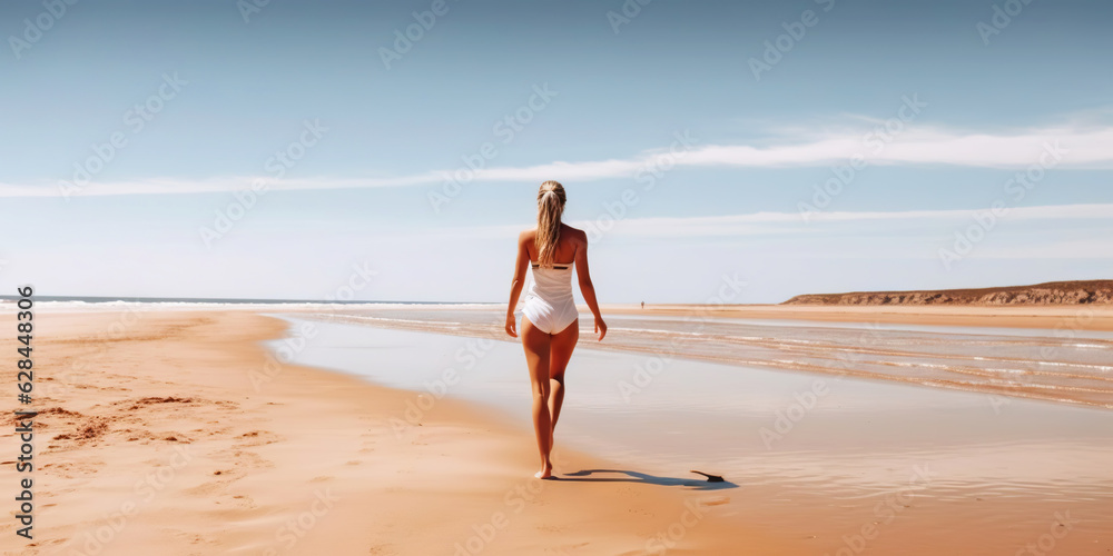 Athletic woman running on the beach. Female runner. Generative AI