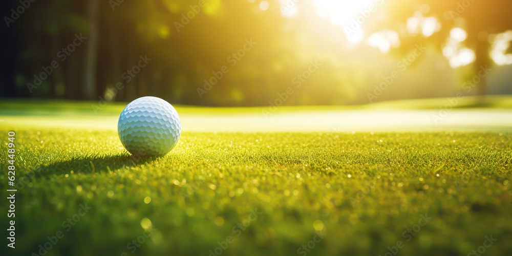 Close-up of golf ball on green grass of golf course, sunny day, blurred backdrop. Generative AI