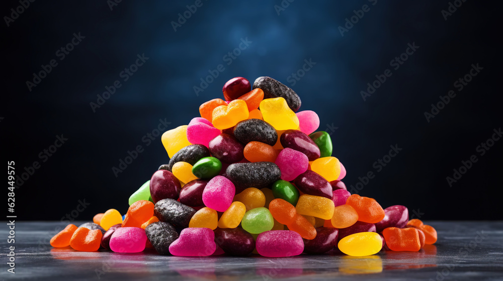 Top view on delicious multicolored candies on black rustic background. Generative AI