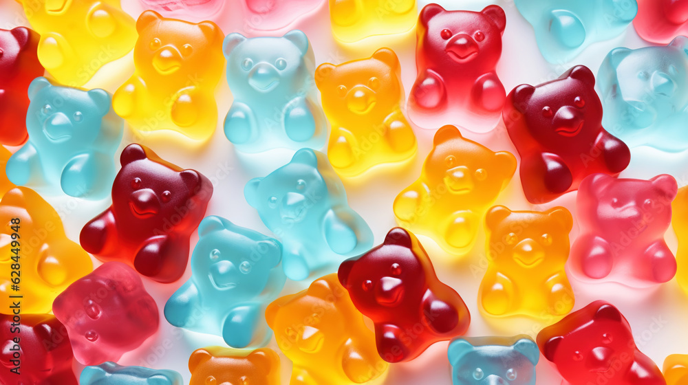 Gummy Jelly Bears Candies background. Sweet tasty backdrop. Generative AI