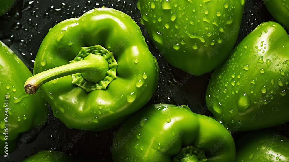 Fresh green bell peppers with water drops background. Vegetables backdrop. Generative AI