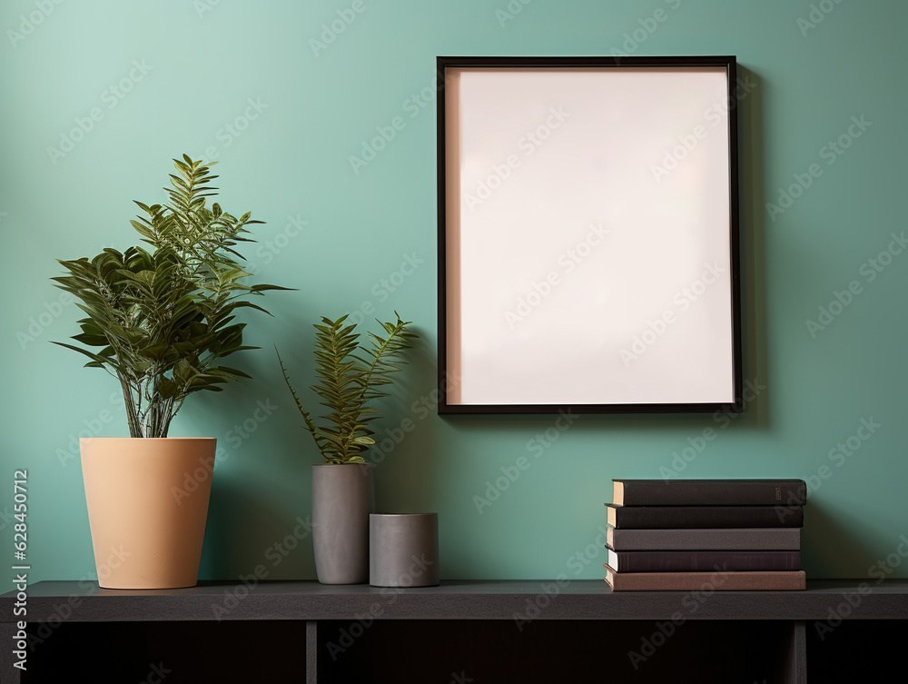 Modern interior design of living room with wooden mock up empty frame, wooden shelf, books, flowers 