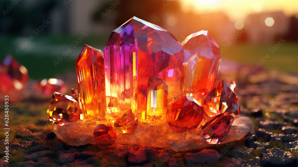 Amazing bright and shiny Sunset Fire Opal crystal cluster background. Jewel mineral detailed macro. 