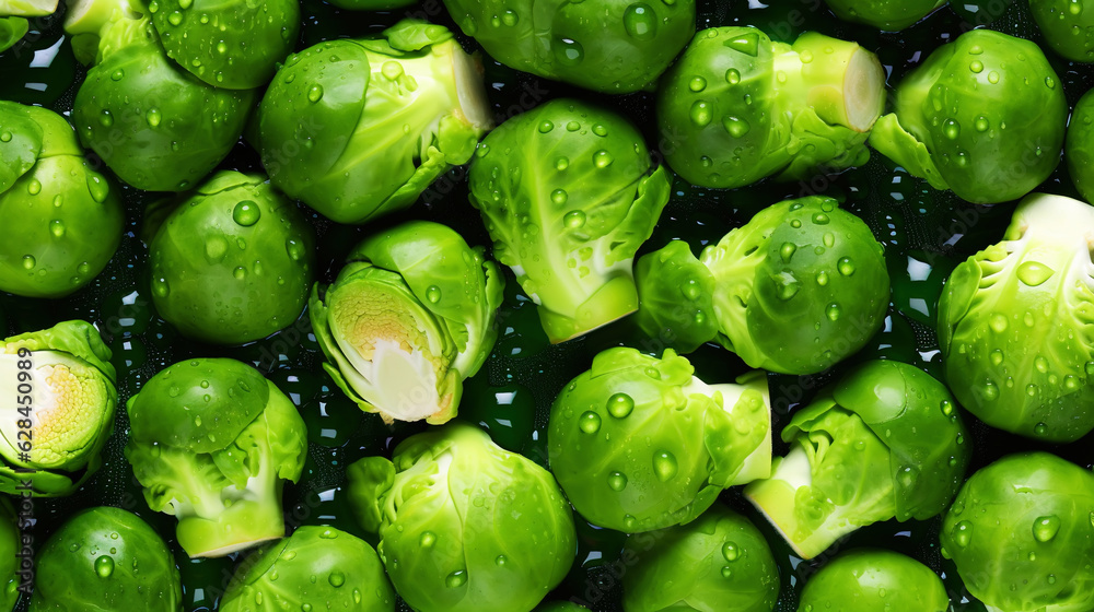 Fresh green brussels sprouts with water drops background. Vegetables backdrop. Generative AI