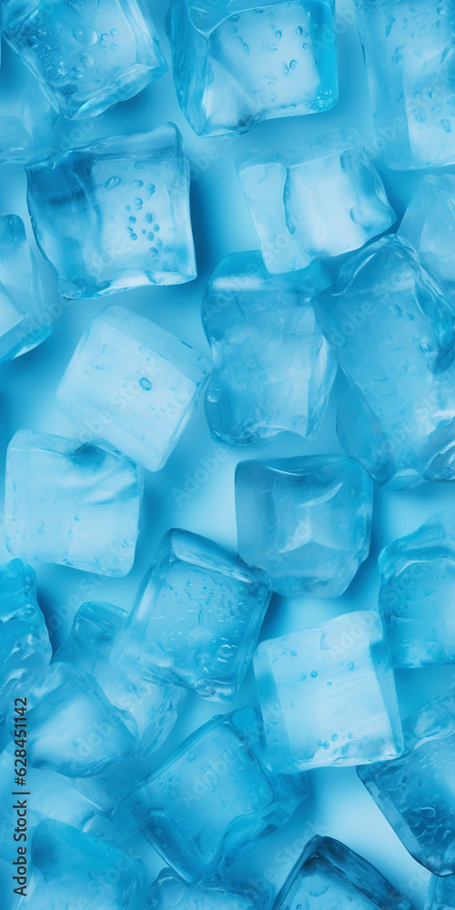 Ice cubes bluish background. Frozen water. Cold fresh concept. Generative AI