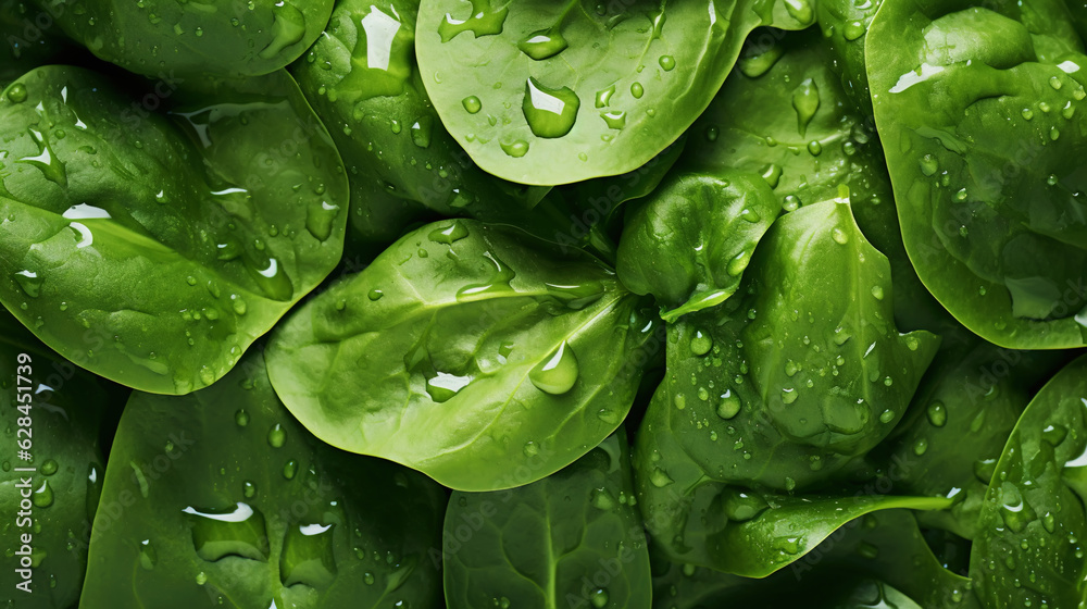 Fresh green spinach leaves with water drops background. Vegetables backdrop. Generative AI