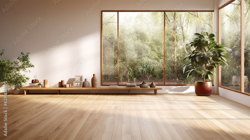 Empty room of modern contemporary loft with wooden floor and large windows to garden. Copy space. Ge