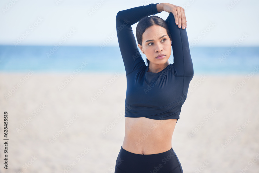 Woman, fitness and stretching arms for exercise, workout or outdoor running with sky background. Ser