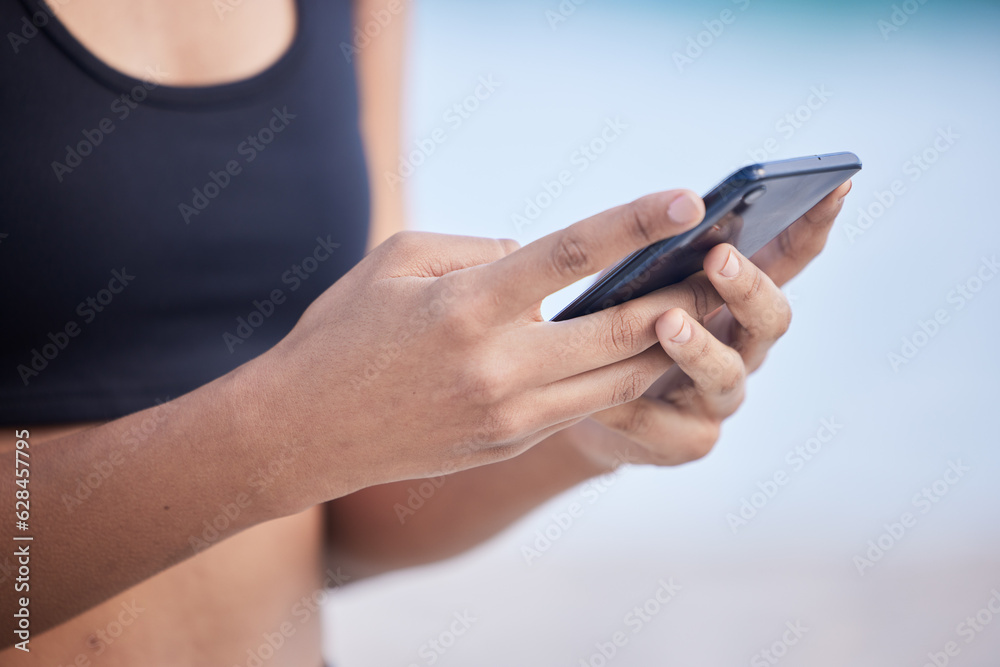 Fitness woman, phone and hands typing for communication, social media or outdoor networking. Closeup