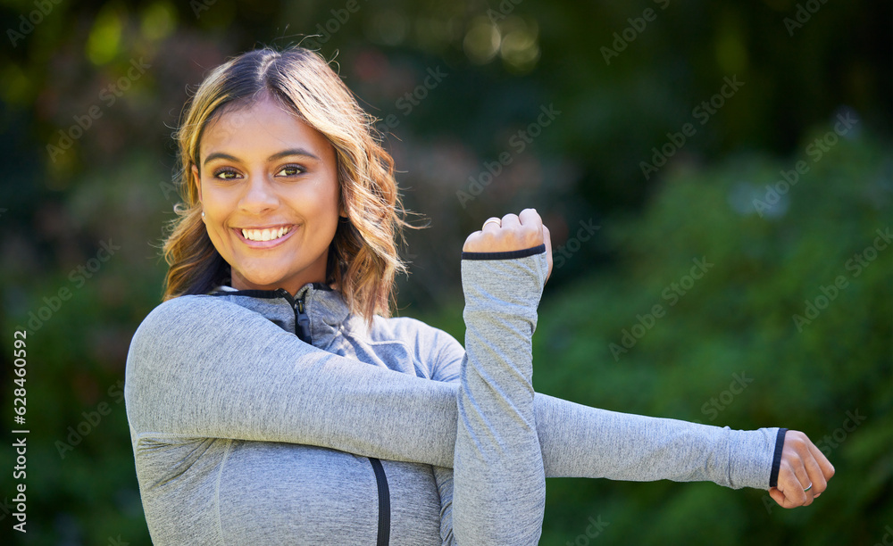 Nature, sports and portrait of a woman stretching her arms for an outdoor workout or training. Fitne