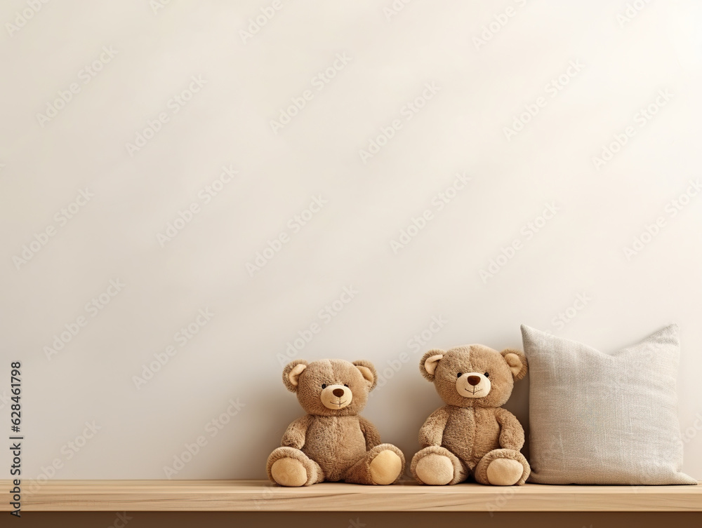 Kids room interior mockup, empty neutral wall for your text, wooden shelf and stuffed toys Generativ