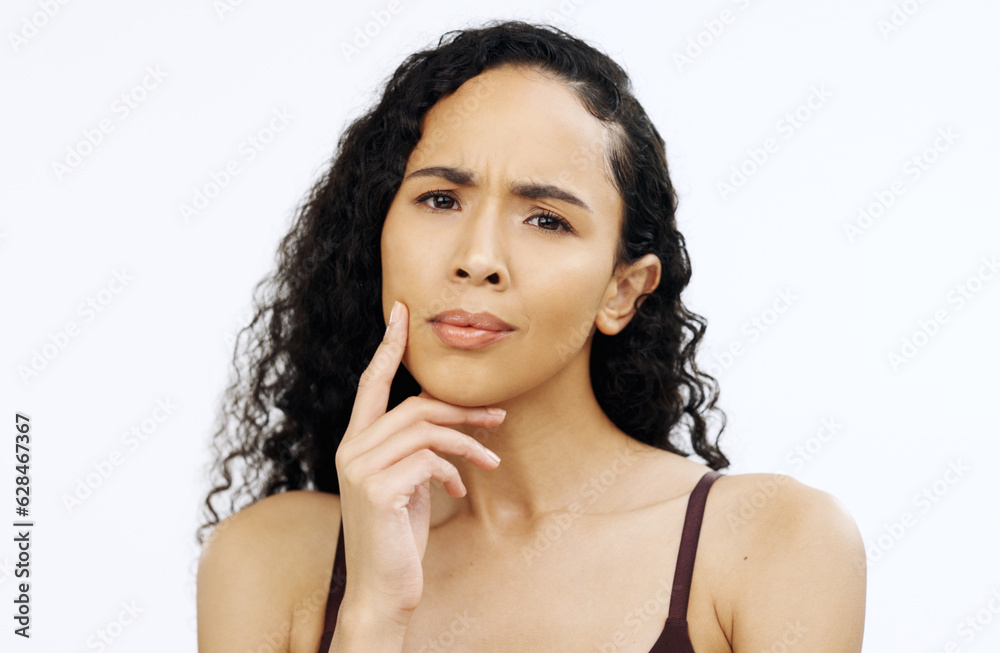 Confused woman, face or thinking on isolated white background of skincare, beauty or makeup brand ch