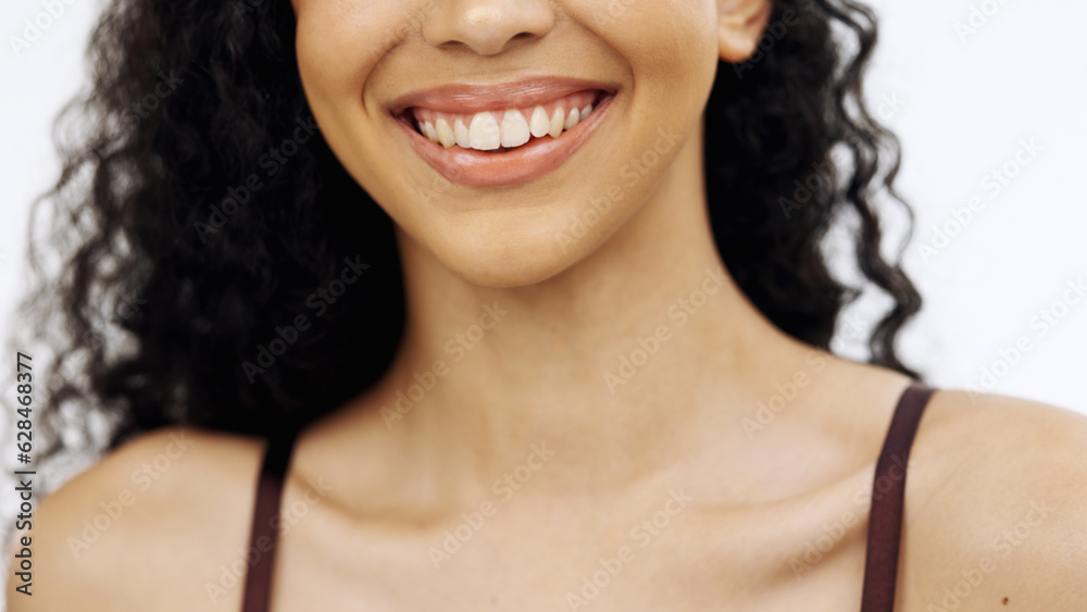 Woman, laughing or teeth on isolated white background in whitening promotion, orthodontic wellness o