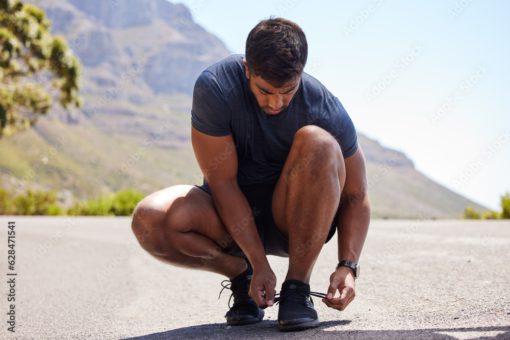 Running, tie or man on road with shoes for fitness exercise, workout and marathon training outdoors.