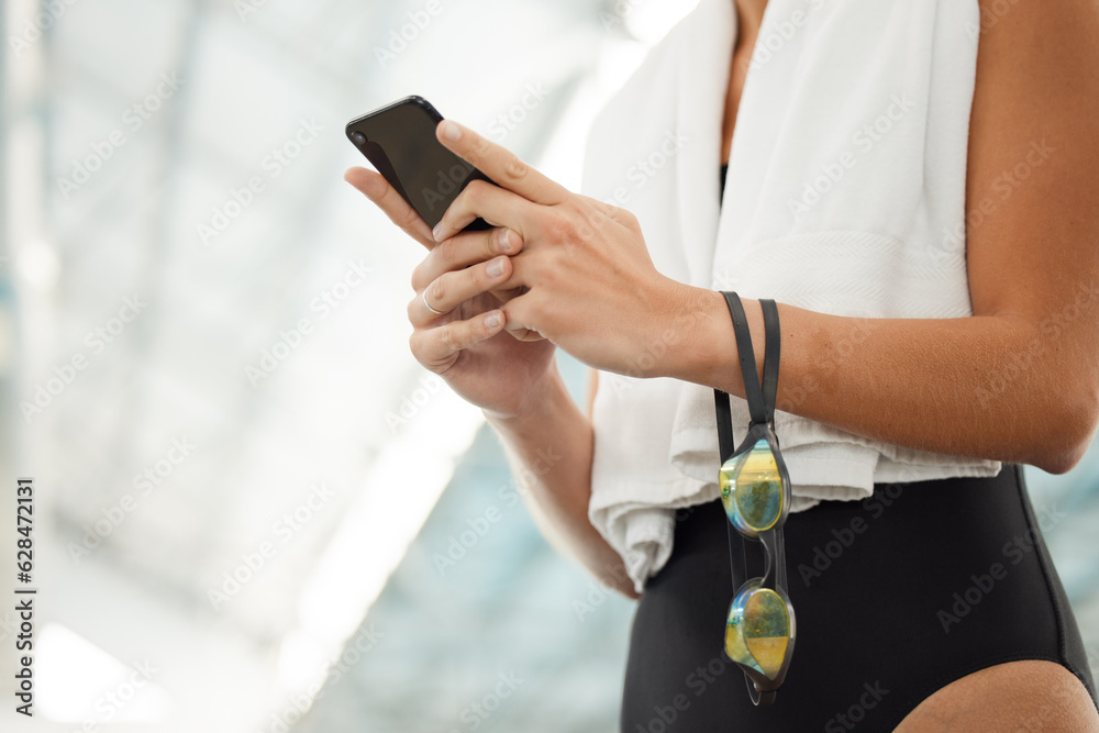 Phone, hands and athlete typing at swimming pool for social media, networking and internet app. Tech