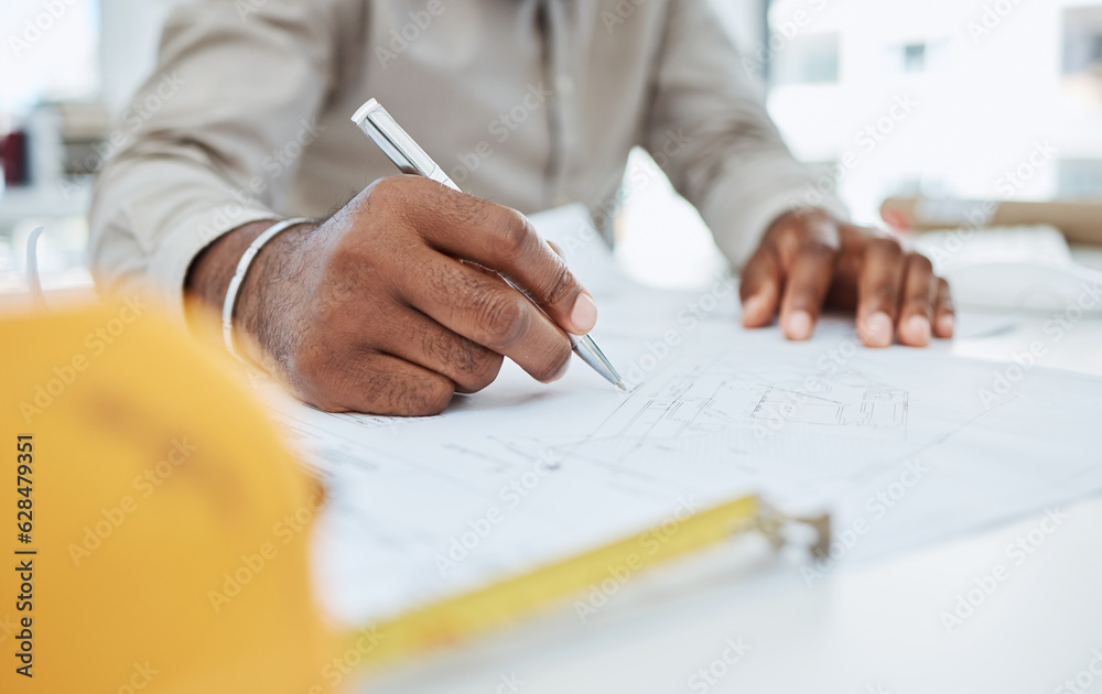 Hands, pen and architect drawing blueprint, project illustration and engineering process. Closeup, m