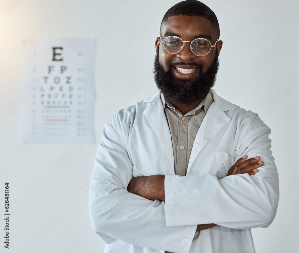 Eye exam, portrait and black man or doctor with arms crossed and glasses with happy service in healt