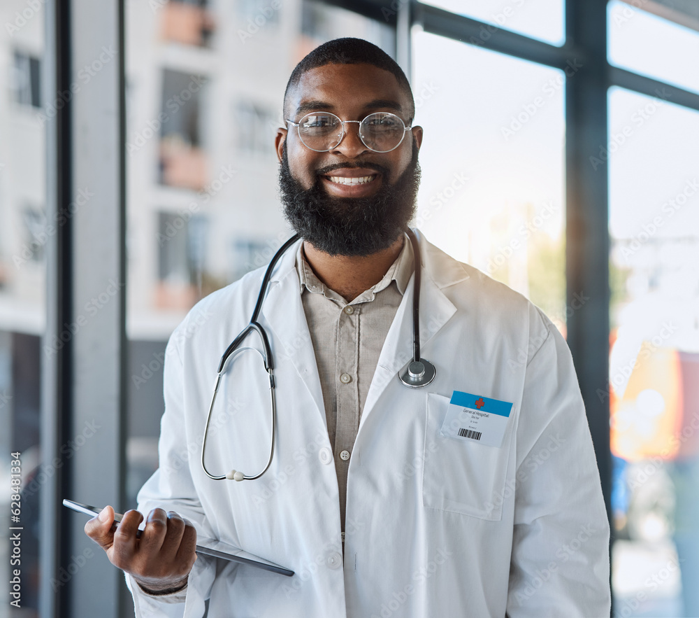 Tablet, black man and portrait of doctor for healthcare services, telehealth analysis or hospital ne