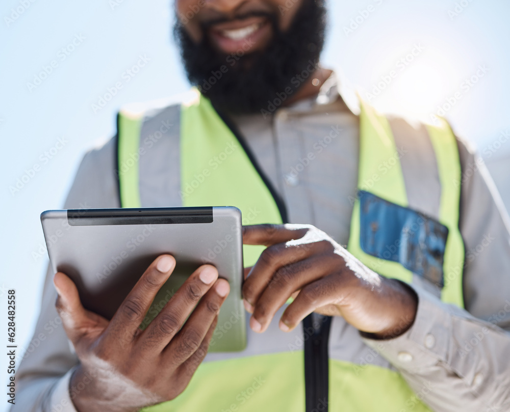 Architecture man, hands and tablet for blueprint planning, construction design or project management