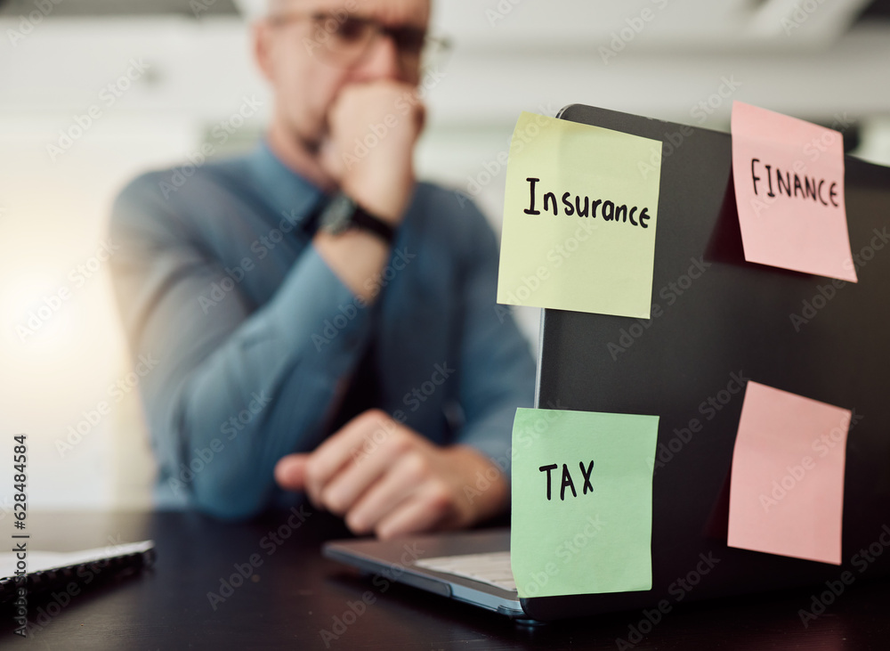 Insurance, tax and finance on sticky notes with a thinking business man in an office at a desk feeli