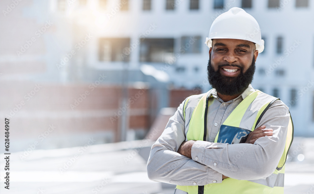 Man, engineering portrait and arms crossed at city construction site, solar panels and rooftop desig