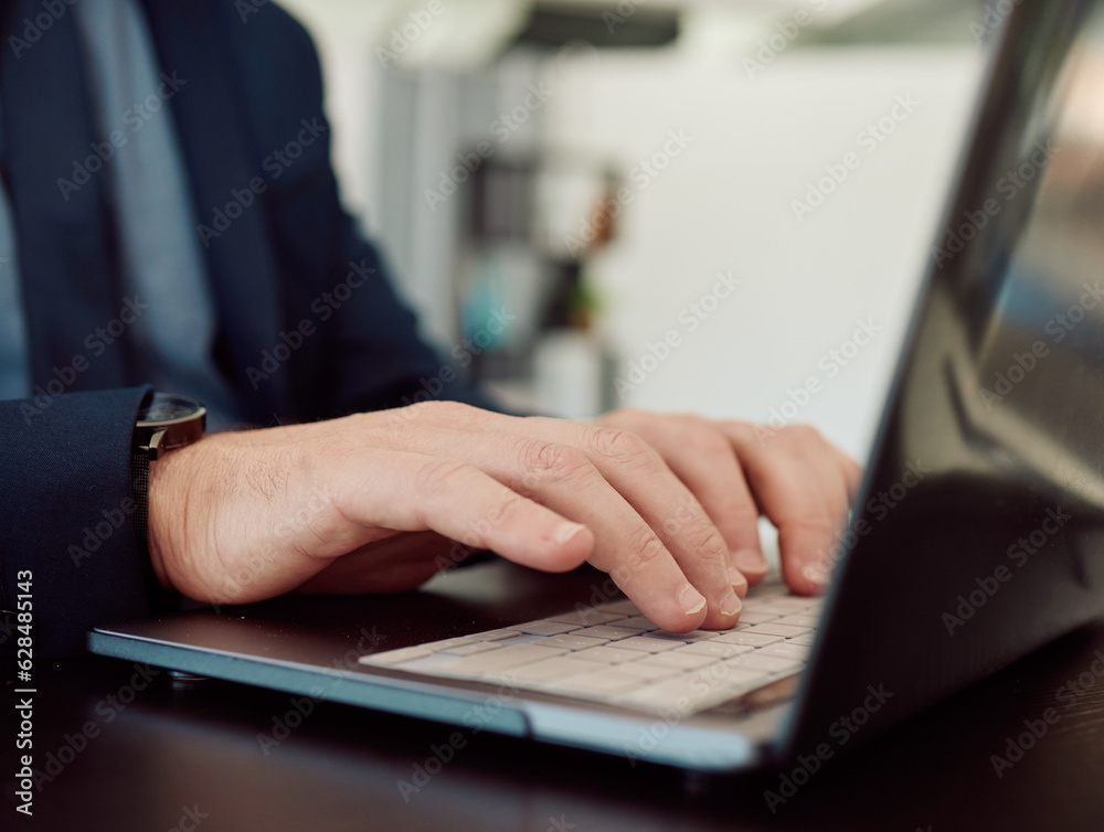 Hands, business man and laptop keyboard for planning research, data information or administration. C