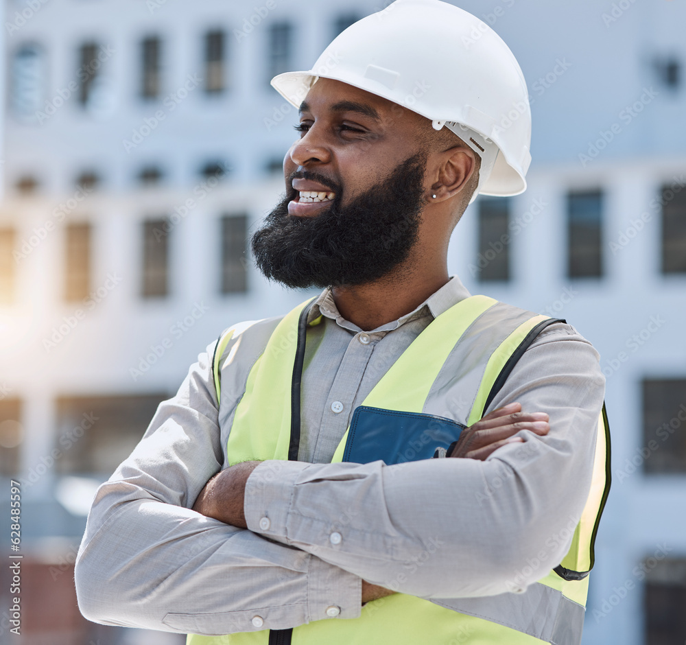 Outdoor, engineer and black man with arms crossed, thinking and planning with problem solving, helme