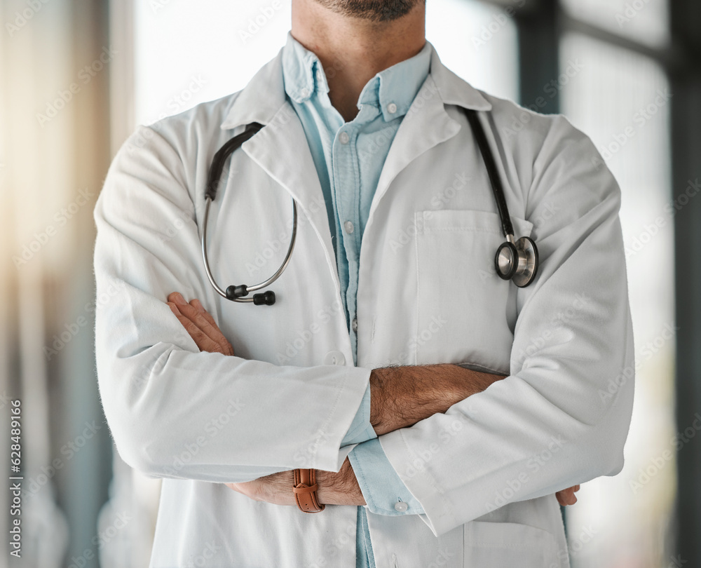 Healthcare, trust and a doctor arms crossed in the hospital for a wellness appointment of checkup. M