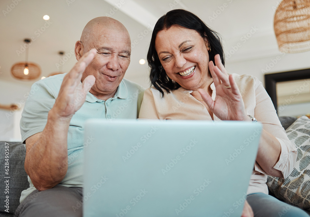 Happy, wave and a couple on a laptop video call for communication, hello and talking on the sofa. Sm