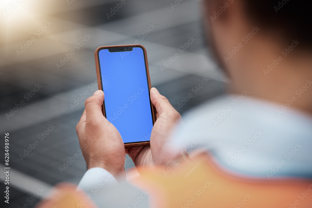 Man, hands and phone mockup in city for communication, construction or outdoor networking. Closeup o