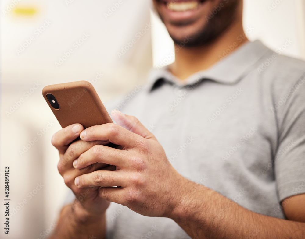 Man, hands and phone typing for social media, communication or networking at home. Closeup of male p