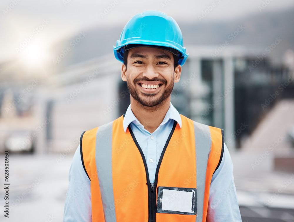 Happy asian man, architect and portrait in city for construction, installation or inspection on roof