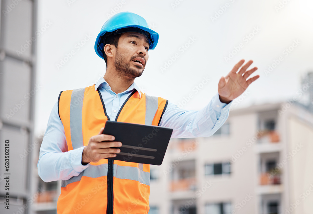 Asian man, architect and tablet in city for management on construction site, inspection or coordinat