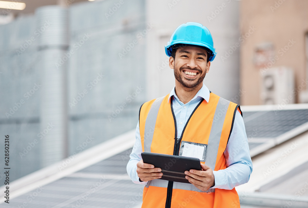 Construction worker, tablet and portrait of man with research and digital data for solar panel insta