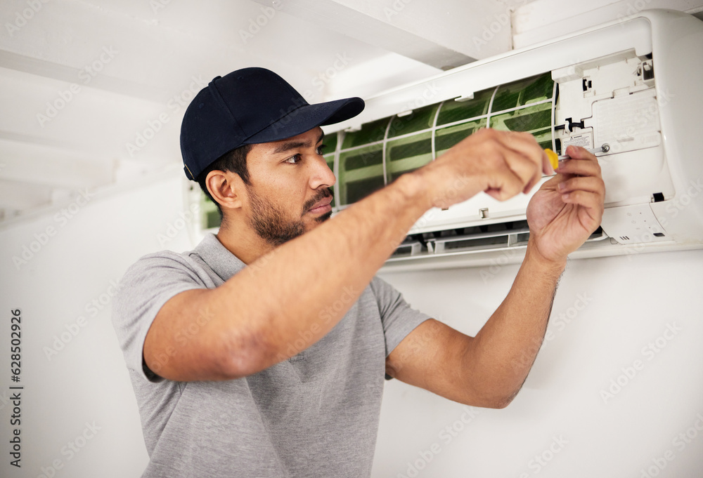 Maintenance, air conditioner technician and man with screwdriver working on ventilation for ac repai