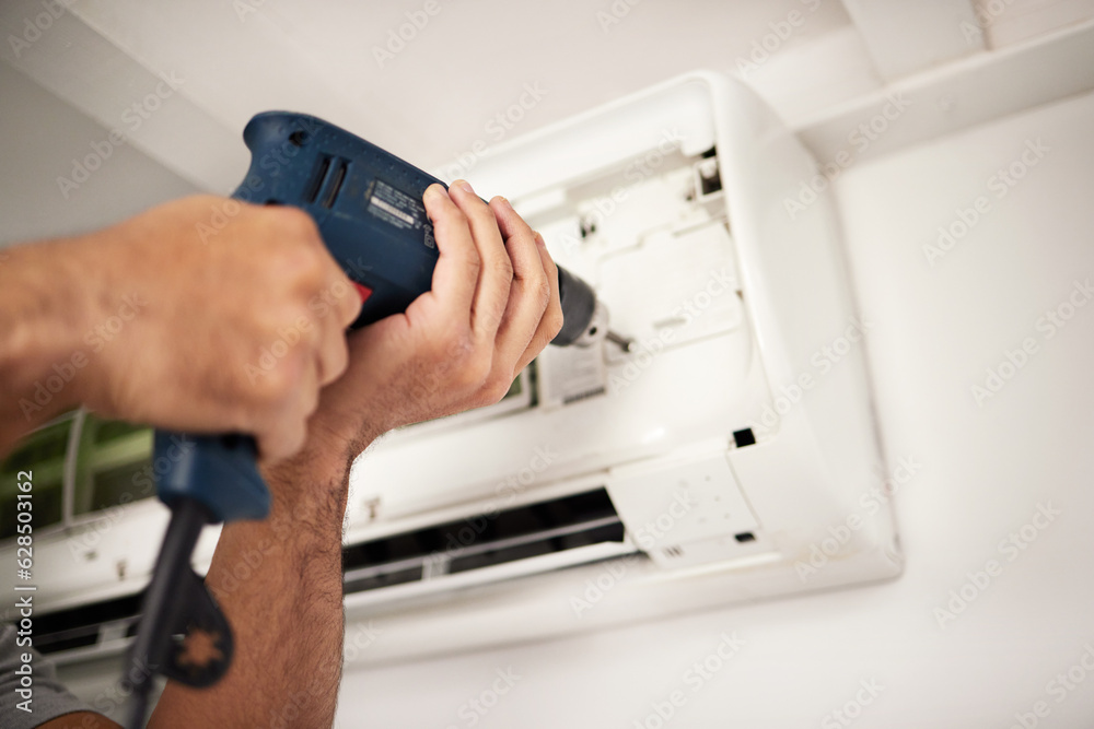 Maintenance, air conditioner and hands of man with drill working on ventilation filter or ac repair 