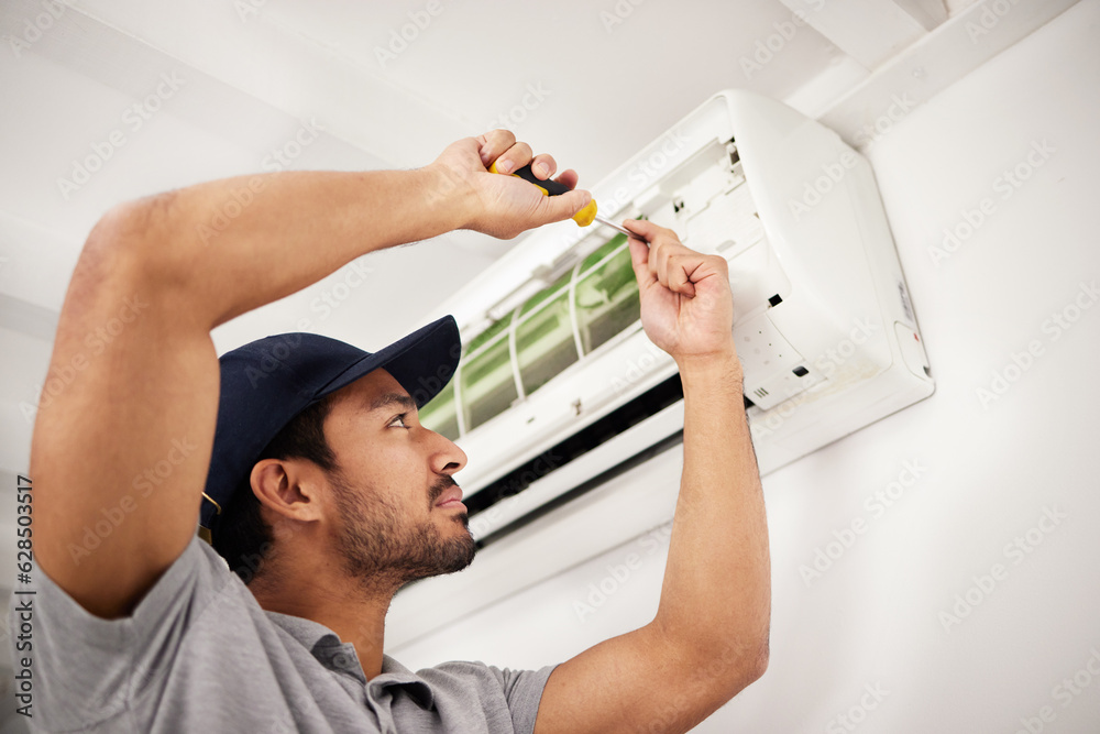 Air conditioner, man and electrical machine repair with person in a home with ac box. Maintenance, s