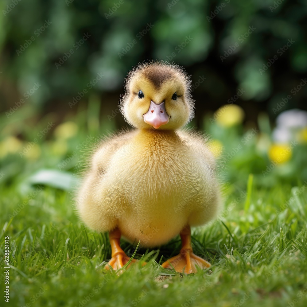 Cute fluffy duckling on green grass outdoors. Generative AI