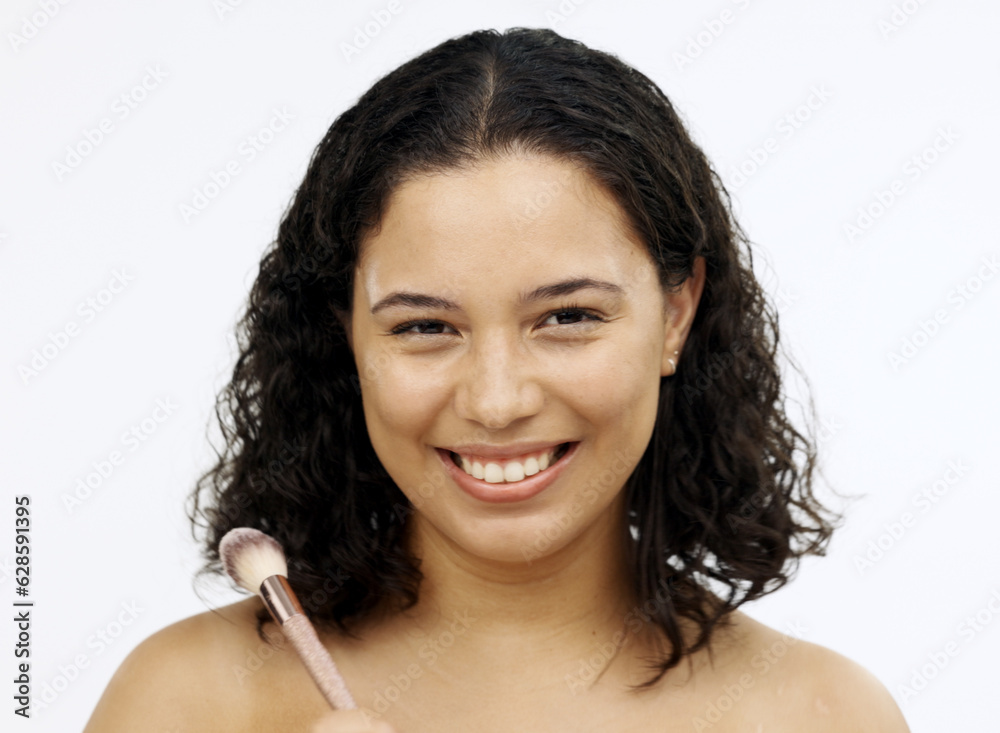 Makeup, happy and woman with brush for beauty, skincare products and cosmetics on white background. 