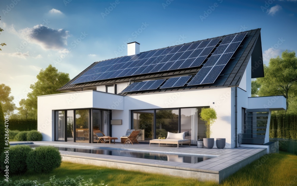 Solar panels on the gable roof of a beautiful modern home