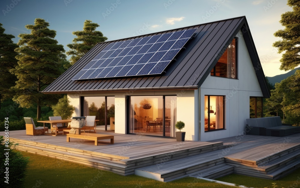 Solar panels on the gable roof of a beautiful modern home