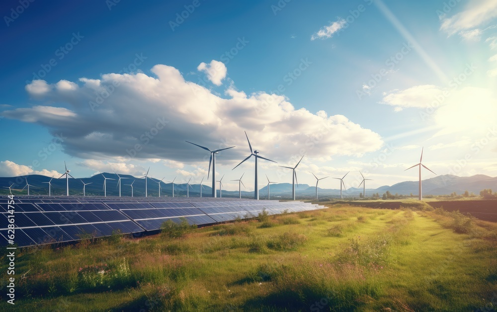 Panorama view of environmentally friendly installation of photovoltaic power plant and wind turbine 