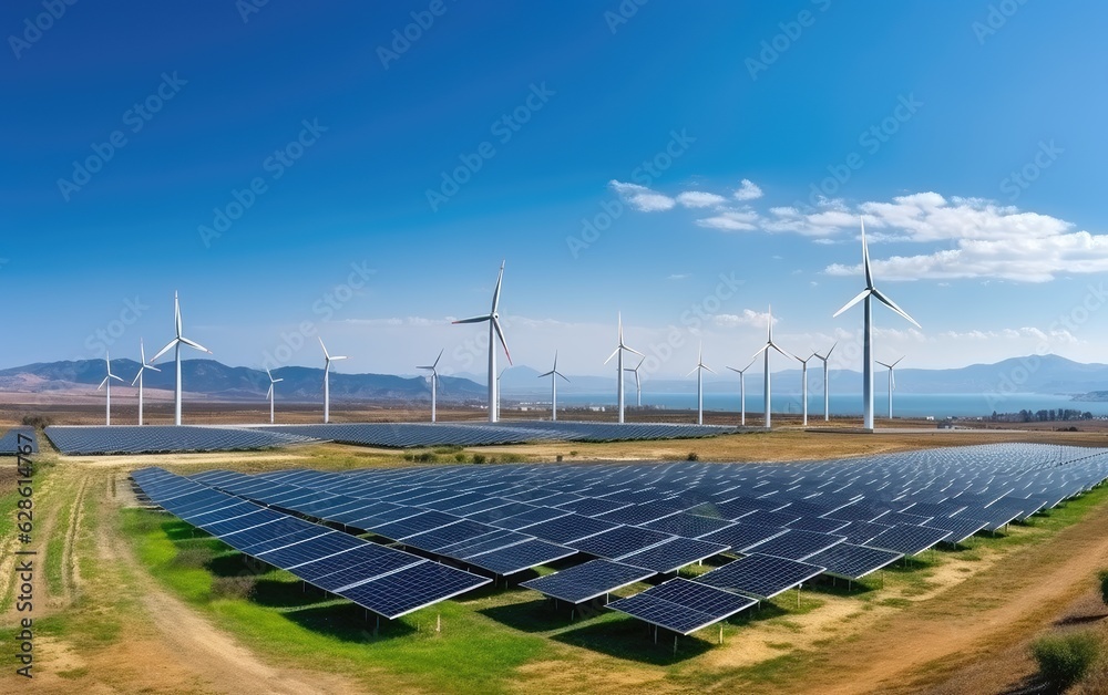 Panorama view of environmentally friendly installation of photovoltaic power plant and wind turbine 