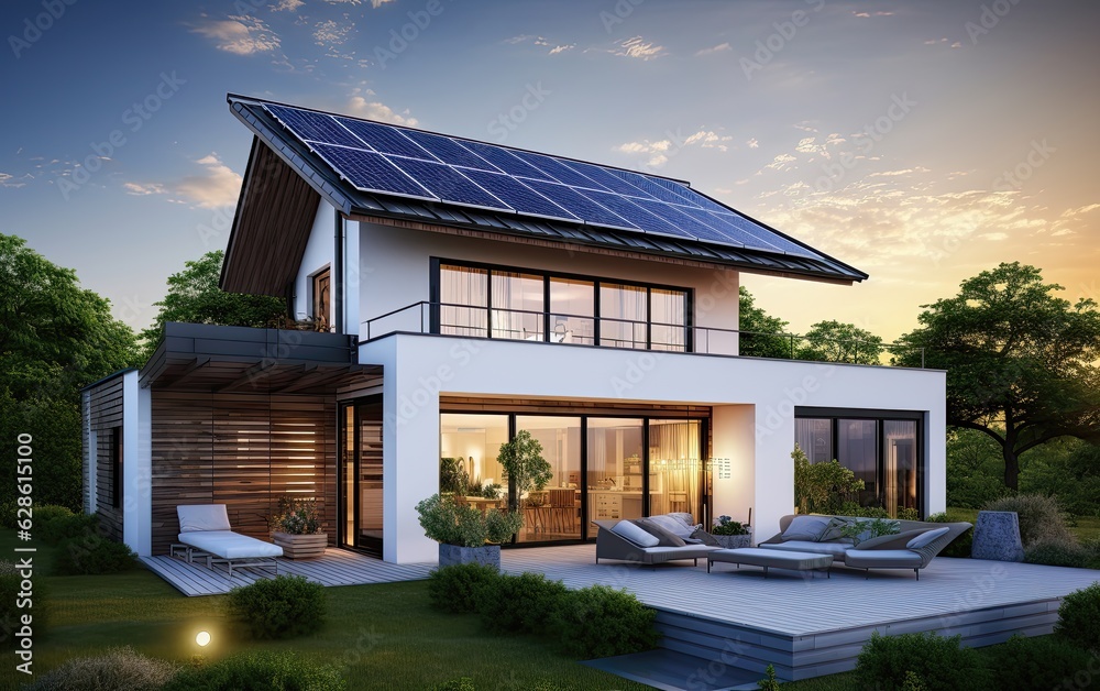 Solar panels on the gable roof of a beautiful modern home