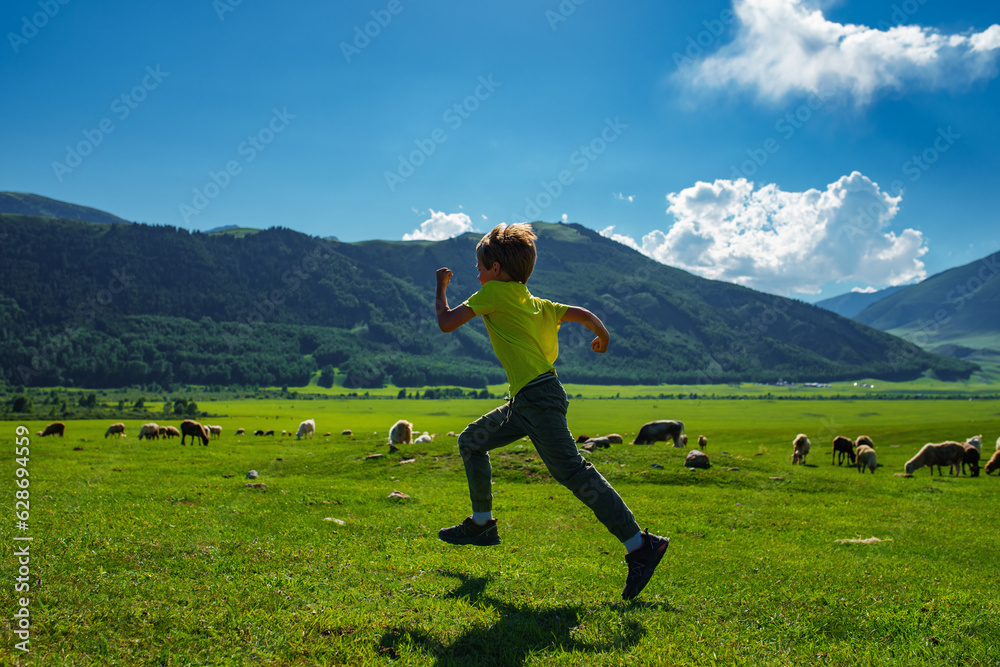 Boy running fast on mountains and meadow with farm animals background