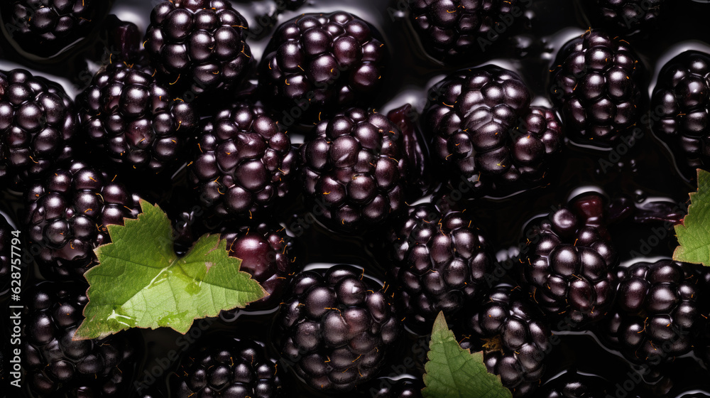 blackberries on the water, fresh blackberries seamless background, adorned with glistening droplets 