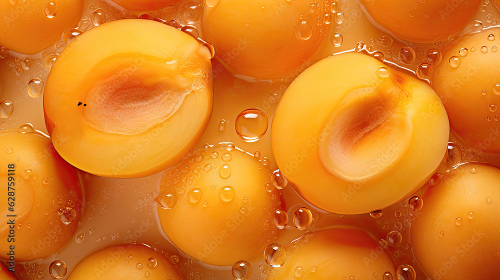 apricots on the water, fresh apricots seamless background, adorned with glistening droplets of water