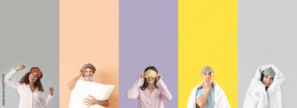 Group of people in pajamas and with sleep masks on color background