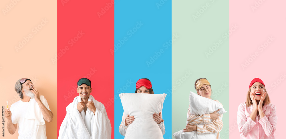 Set of people in pajamas and with sleep masks on color background